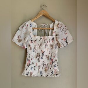 Abercrombie & Fitch Cream Floral Smocked Square-Neck Blouse